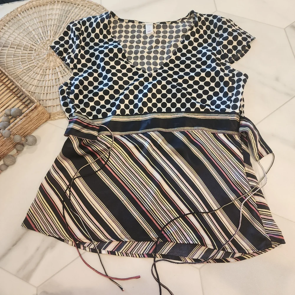 [Old Navy]Y2K cutest multi mix stripes & pok a dot silky feel blouse w/waist tie - Picture 4 of 8